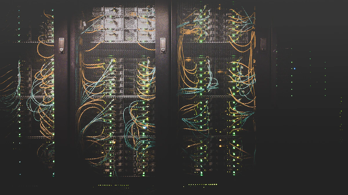 high-tech digital server room with glowing blue led lights and futuristic circuitry patterns on glass panels